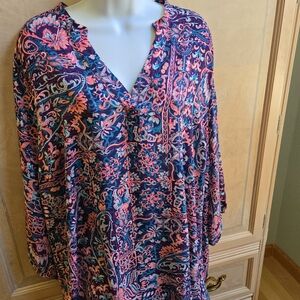 Boutique Plus Size Pink–Blue–Black Print Top / Cover‑Up, Probably 2X